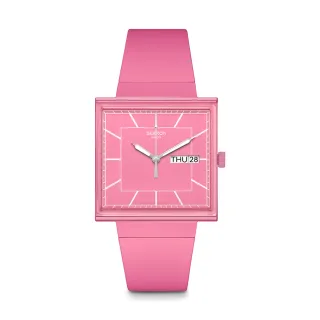 【SWATCH】Gent 原創系列手錶 WHAT IF…ROSE? 生物陶瓷 方形錶 櫻花粉 男錶 女錶 手錶 瑞士錶 錶(34mm)