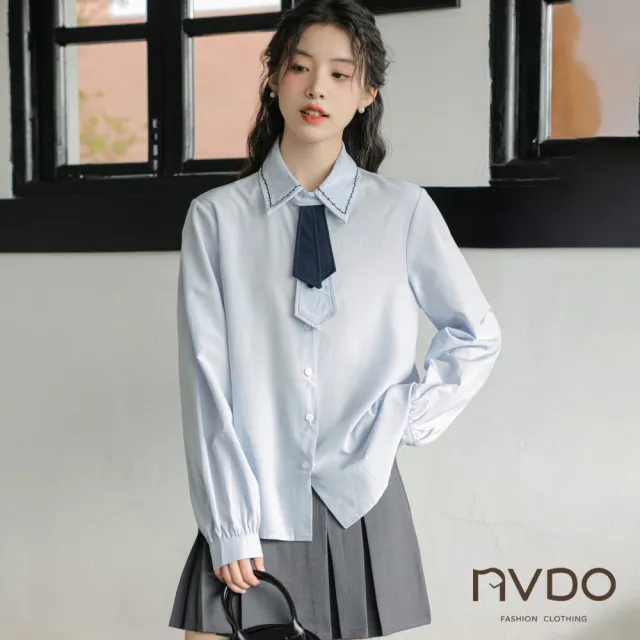 【NVDO】春季預購 日系學生領舒適輕薄涼襯衫(M-L/棉麻上衣/F106)