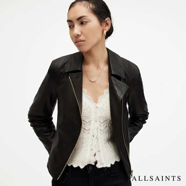 【ALLSAINTS】VELA 柔軟羊皮雙口袋騎士皮衣外套- 黑金  W089LB(修身版型)