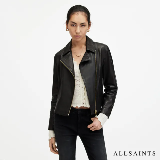 【ALLSAINTS】VELA 柔軟羊皮雙口袋騎士皮衣外套- 黑金 W089LB(修身版型)