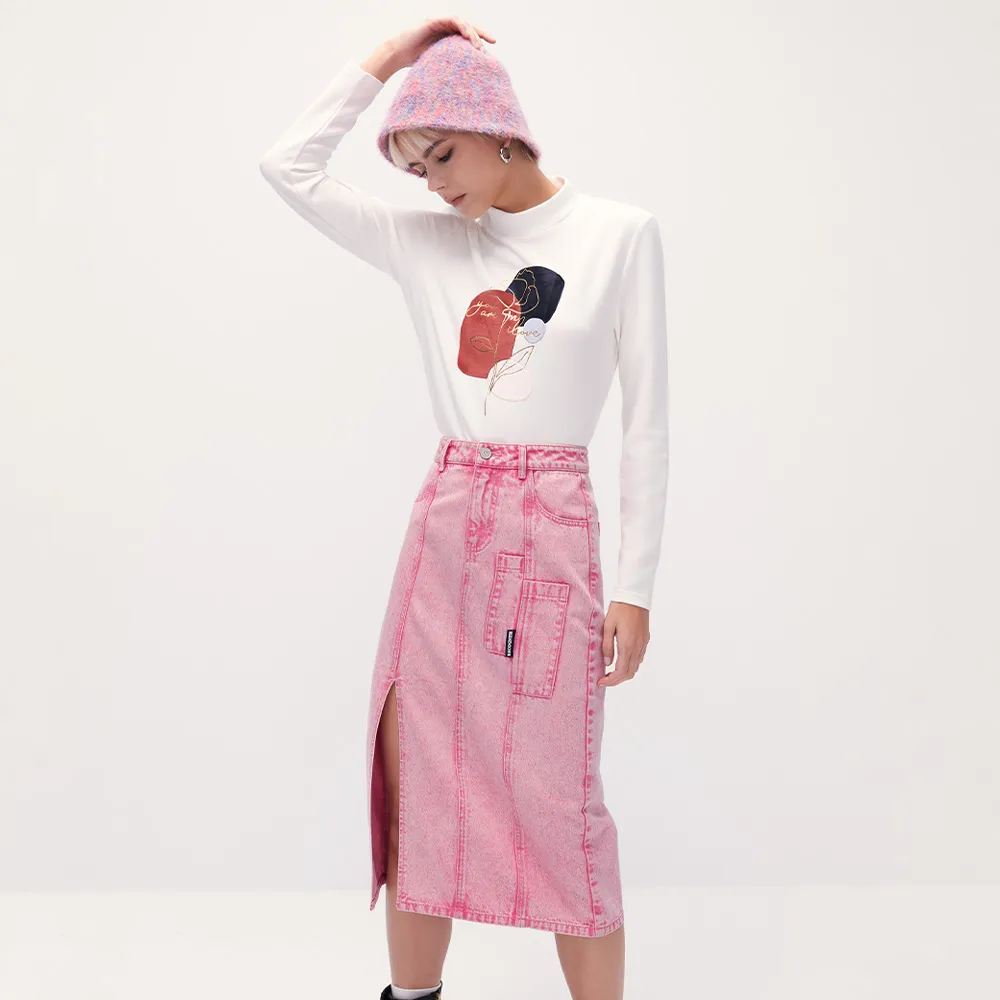 【MOMA】酷甜洗色窄版牛仔裙(粉色)