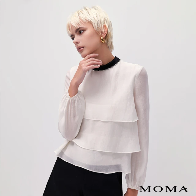 MOMA 優雅雪紡荷葉層次感上衣(白色)