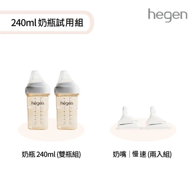 hegen 寬口奶瓶 試用組-『寬口奶瓶 240ml 雙瓶組+奶嘴慢速 兩入組』(母嬰用品 新生禮 不含塑化劑)