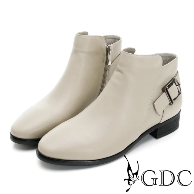 GDC 真皮大方釦尖頭舒適低跟短靴-米色(328597-10)