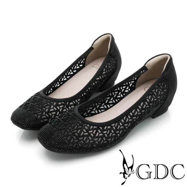 GDCGDC 滿天星辰真皮水鑽簍空方頭宴會楔型跟鞋-黑色(324738-00)