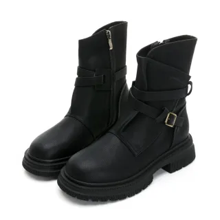 【GDC】西部工業風側釦厚底設計感真皮中筒靴-黑色(328581-00)