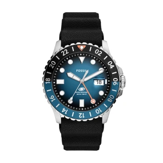 【FOSSIL 官方旗艦館】Fossil Blue 漸層藍海GMT指針手錶 黑色矽膠錶帶 46MM FS6049