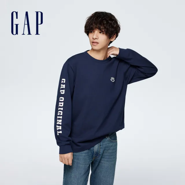 【GAP】男裝 Logo純棉印花圓領長袖T恤-海軍藍(885523)