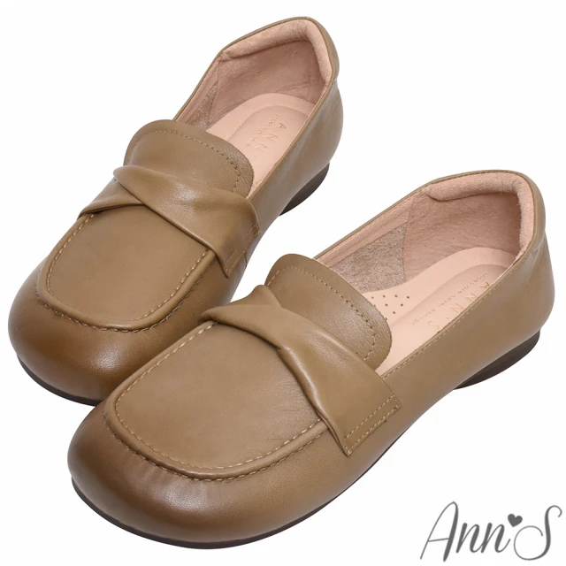 Ann’S 寬楦大容量-真皮軟牛皮 麵包鞋 彈力平底鞋(棕)