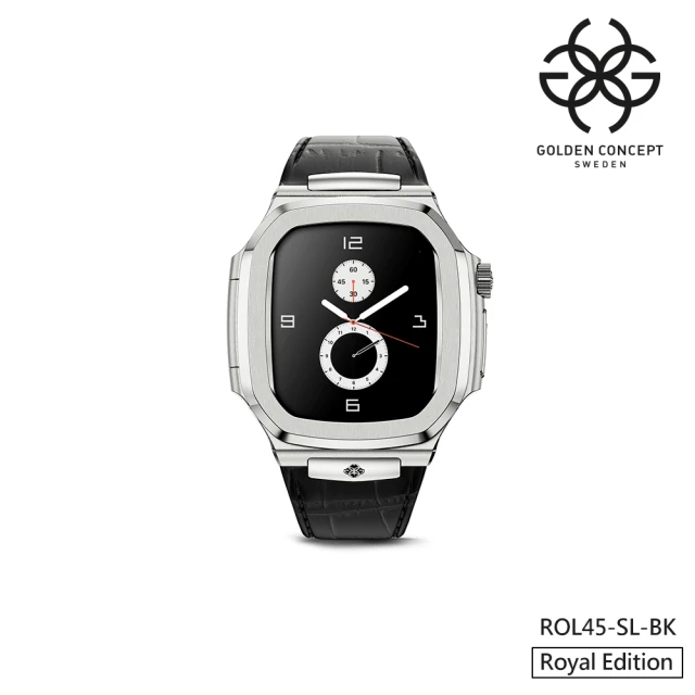 Golden Concept Apple Watch 45mm 保護殼 銀色不鏽鋼錶殼/黑色皮革錶帶(ROL45-SL-BK)