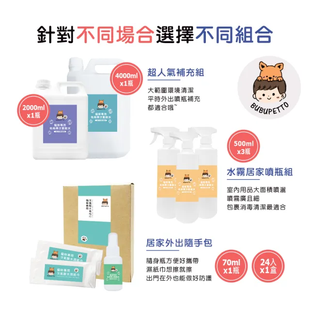 【BUBUPETTO】養貓必備清潔用免稀釋次氯酸水-貓咪守護組+濕紙巾x1盒(寵物 環境 器皿 用品)