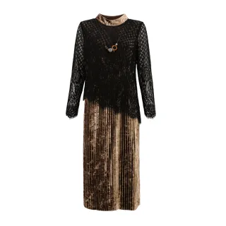 【ILEY 伊蕾】典雅絲絨剪接睫毛蕾絲假兩件洋裝(兩色；M-XL；752790)