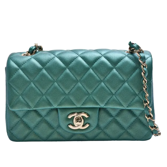 【CHANEL 香奈兒】經典MINI COCO菱格紋炫彩牛皮金鍊轉釦斜背包(綠色69900CB-GREEN-GP)