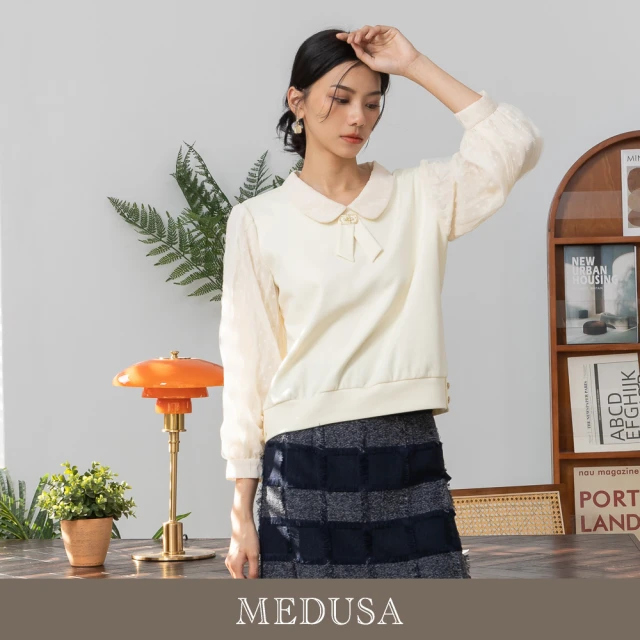 MEDUSA 曼度莎 現貨-米白小領巾圓領拼接上衣（M-XL）｜女上衣 長袖上衣 冬新品(201-24001)