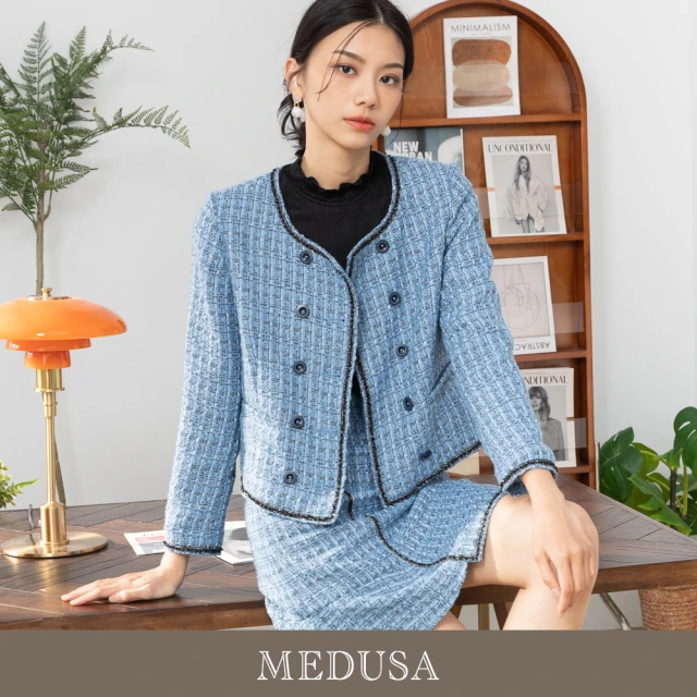 MEDUSA 曼度莎 現貨-雙排釦 藍黑毛呢小香風外套（M-XL）｜女外套 西裝外套 毛呢外套 冬新品(201-5300A)