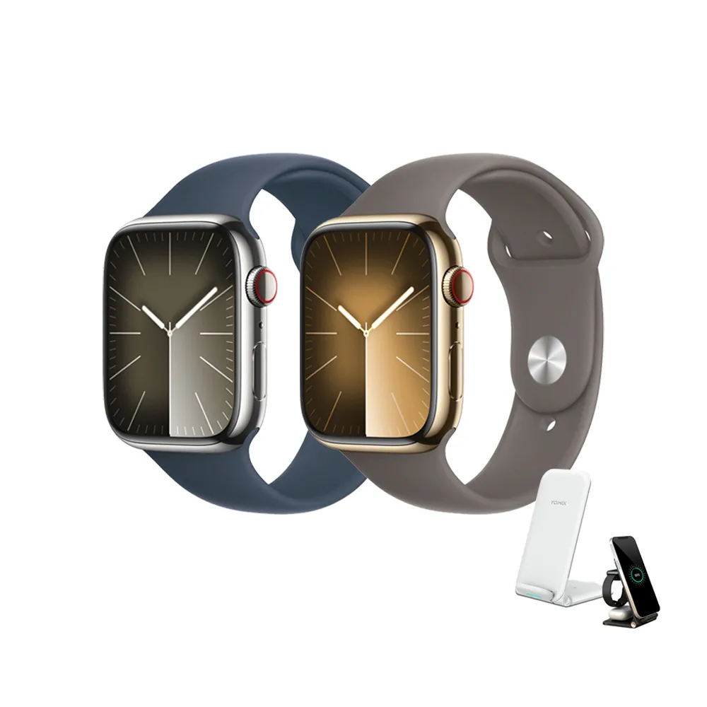 三合一無線充電座組【Apple】Apple Watch S9 LTE 45mm(不鏽鋼錶殼搭配運動型錶帶)