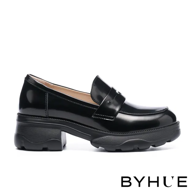 【BYHUE】簡約韓系微光感全真皮便仕圓頭軟芯樂福厚底鞋(黑)