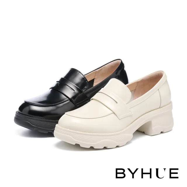 【BYHUE】簡約韓系微光感全真皮便仕圓頭軟芯樂福厚底鞋(黑)