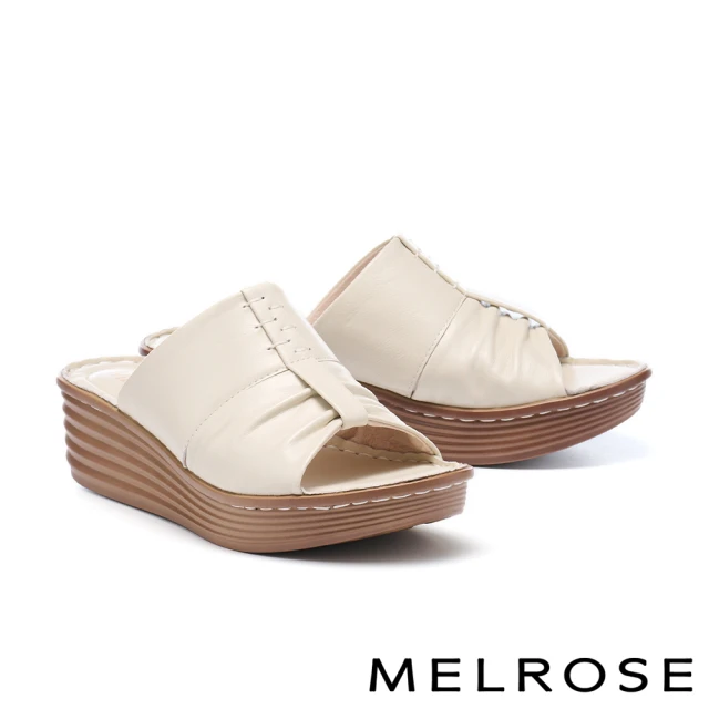 【MELROSE】美樂斯 經典簡約純色抓皺全真皮厚底拖鞋(白)