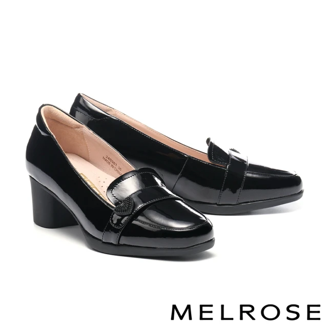 MELROSE 美樂斯 氣質飾釦造型異材質方頭高跟鞋(黑)好