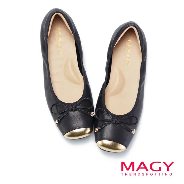 【MAGY】真皮蝴蝶結金屬鞋頭平底鞋(黑色)