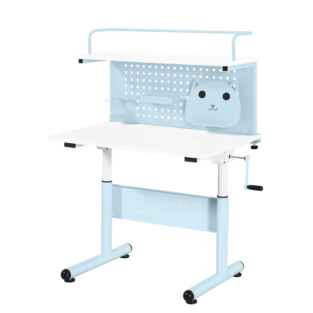 【Doaa】80cm+層板款屏風 靚彩兒童書桌 藍色(學生 書桌 成長型 兒童桌 手搖式 樂學 升降 桌子 莫蘭迪色)