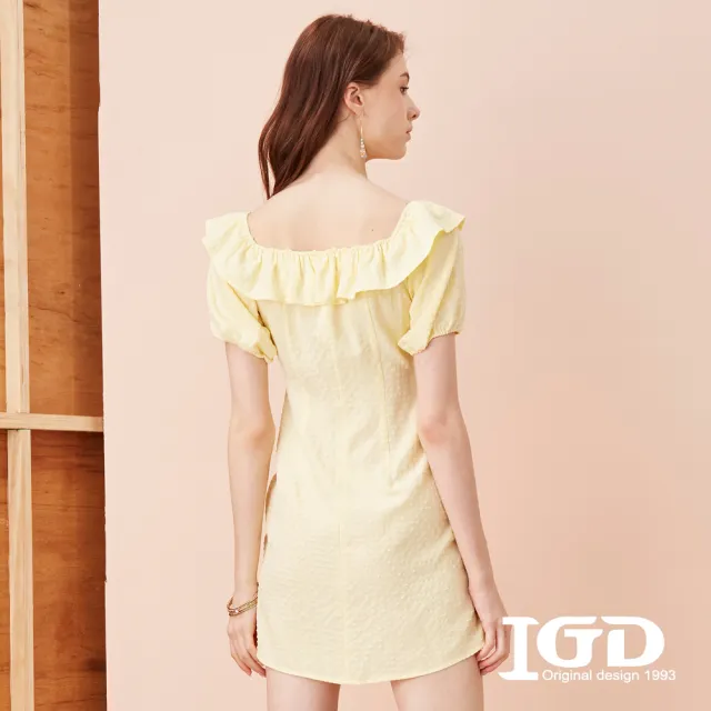 【IGD 英格麗】速達-網路獨賣款-一字領荷葉排釦綁腰洋裝(黃色)