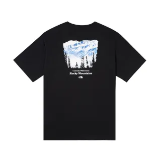 【The North Face】北面男款黑色純棉雪山印花寬鬆短袖T恤｜88GKJK3