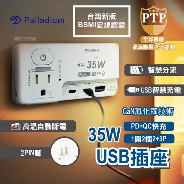 Palladium 氮化鎵GaN 1開2插2+3P 35W USB超級閃充壁插- R-82PLC