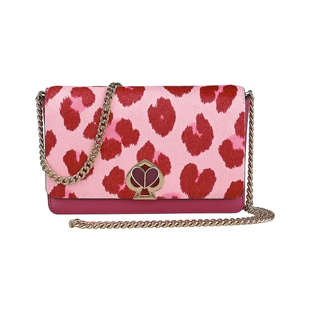 【KATE SPADE】kate spade背面燙金LOGO牛皮拼接豹紋皮草旋扣式鏈帶肩背包(粉紅x多色)