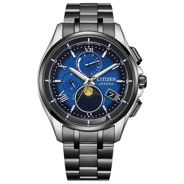 【CITIZEN 星辰】GENTS 夜川月限定款月像顯示電波光動能鈦金屬男錶-藍x黑/41.5mm 母親節限定(BY1007-60L)