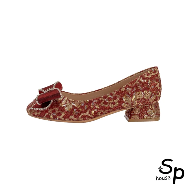 Sp house 方型金屬幾何綢緞都會時尚粗低跟鞋(2色可選