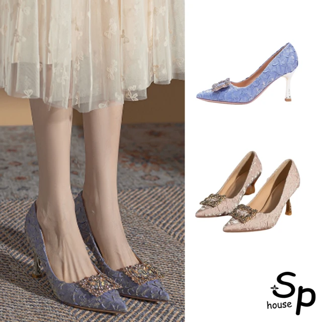 Sp house 方型金屬幾何綢緞都會時尚粗低跟鞋(2色可選