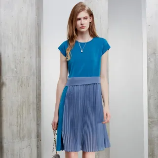 【IGD 英格麗】速達-網路獨賣款-小方格雪紡百褶拼接造型洋裝(藍色)