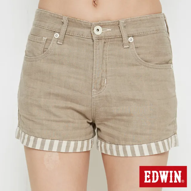 【EDWIN】女裝 MISS 503反摺條紋棉麻短褲(淺卡其)