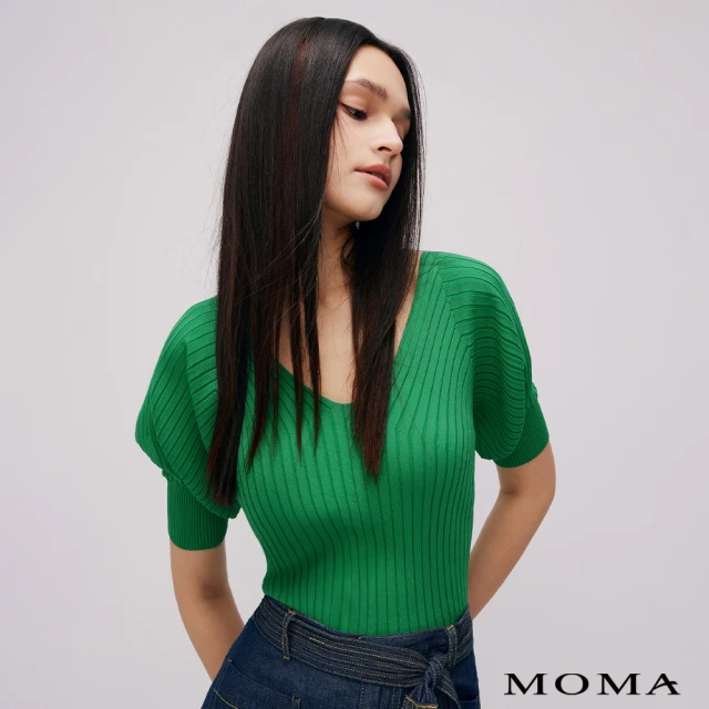 【MOMA】典雅V領坑條上衣(綠色)
