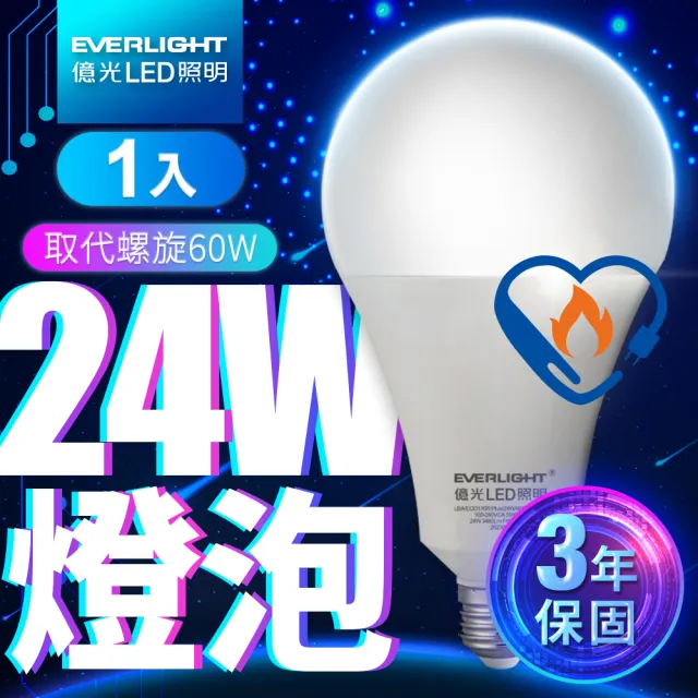 【Everlight 億光】1入組 24W LED超節能Plus球泡燈 BSMI 節能標章(白光/黃光)