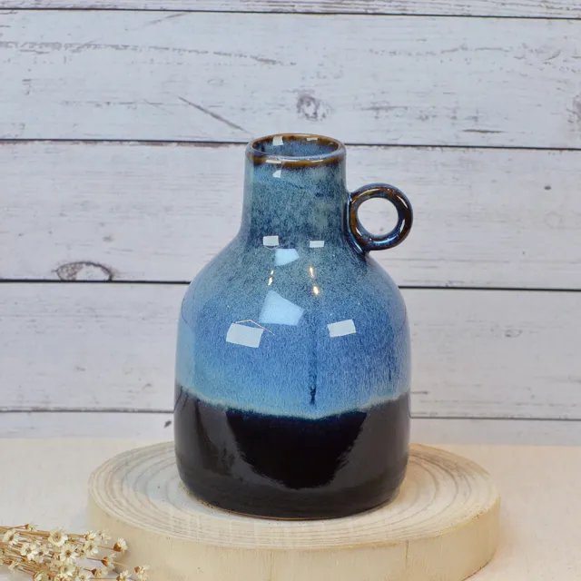 【YU Living 信歐傢居】陶瓷窄口圓圈提把窯變釉花瓶(藍色/花器 桌上擺飾)