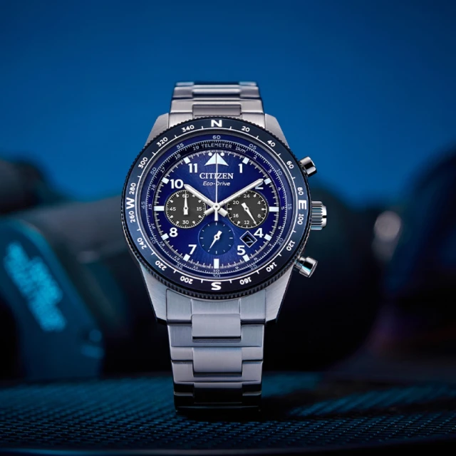 【CITIZEN 星辰】光動能三眼計時手錶-43mm/藍 母親節 禮物(CA4554-84L)