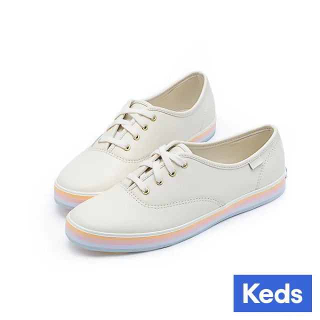 【Keds】CHAMPION 百搭條紋真皮休閒鞋-米白(9241W110105)