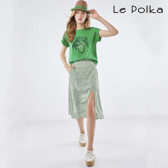 【Le Polka】綠色滿版小愛心開衩長裙-女