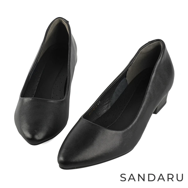 SANDARU 山打努 跟鞋 尖頭素面日常粗跟鞋(黑)優惠推