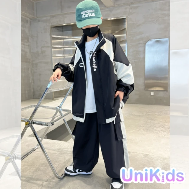 【UniKids】中大童裝2件套撞色長袖外套休閒長褲 男大童裝 VP242001(黑)