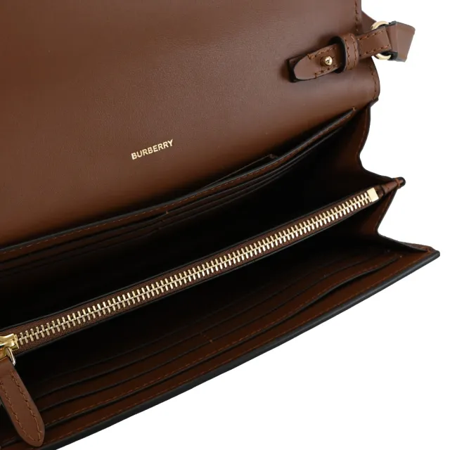 【BURBERRY 巴寶莉】WOC 英系經典條紋可拆翻蓋多卡長夾斜背包(駝)