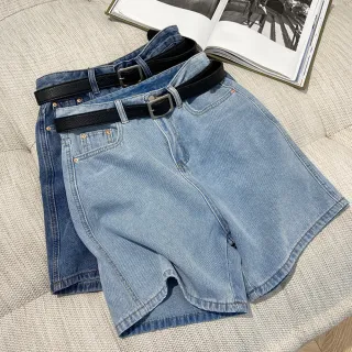 【初色】現貨 素色無附腰帶寬鬆高腰顯瘦直筒闊腿五分牛仔短褲-共2色-69345(M-XL可選/快速出貨)