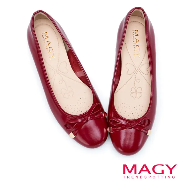 【MAGY】蝴蝶結真皮圓頭平底鞋(紅色)