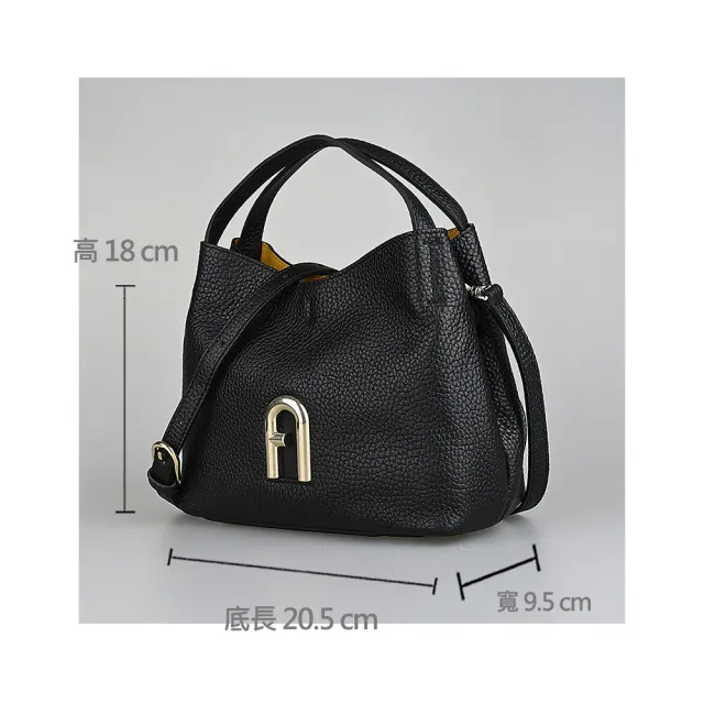 【FURLA 芙拉】FURLA Primula復古金屬拱門LOGO荔枝紋小牛皮扣式手提斜背流浪包(迷你/黑)