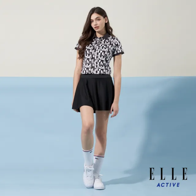 【ELLE ACTIVE】女款 滿版印花彈力短袖POLO衫-黑色(EA24M2W1104#99)