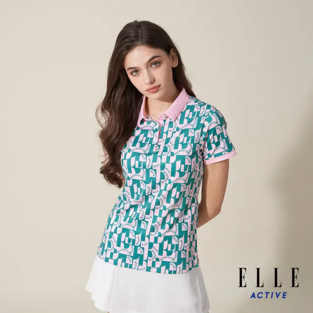 【ELLE ACTIVE】女款 滿版印花彈力短袖POLO衫-綠色(EA24M2W1104#45)