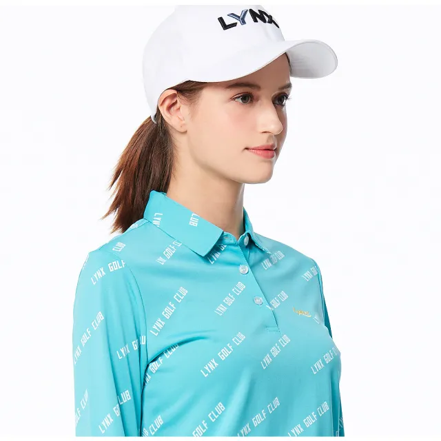 【Lynx Golf】女款吸濕排汗抗UV機能滿版Lynx Golf Club字樣印花長袖POLO衫/高爾夫球衫(湖水綠色)